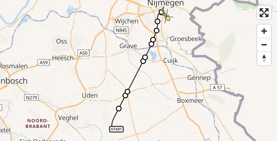 Routekaart van de vlucht: Lifeliner 3 naar Radboud Universitair Medisch Centrum, Peelstraat