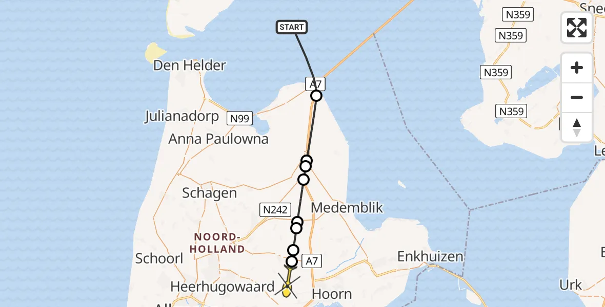 Routekaart van de vlucht: Politiehelikopter naar Zuidermeer, Boereplaat