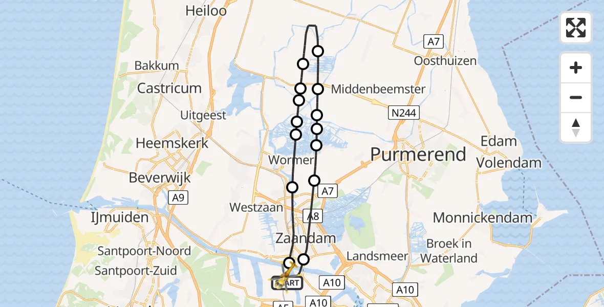Vluchtroute Traumahelikopter van Amsterdam Heliport naar Amsterdam Heliport