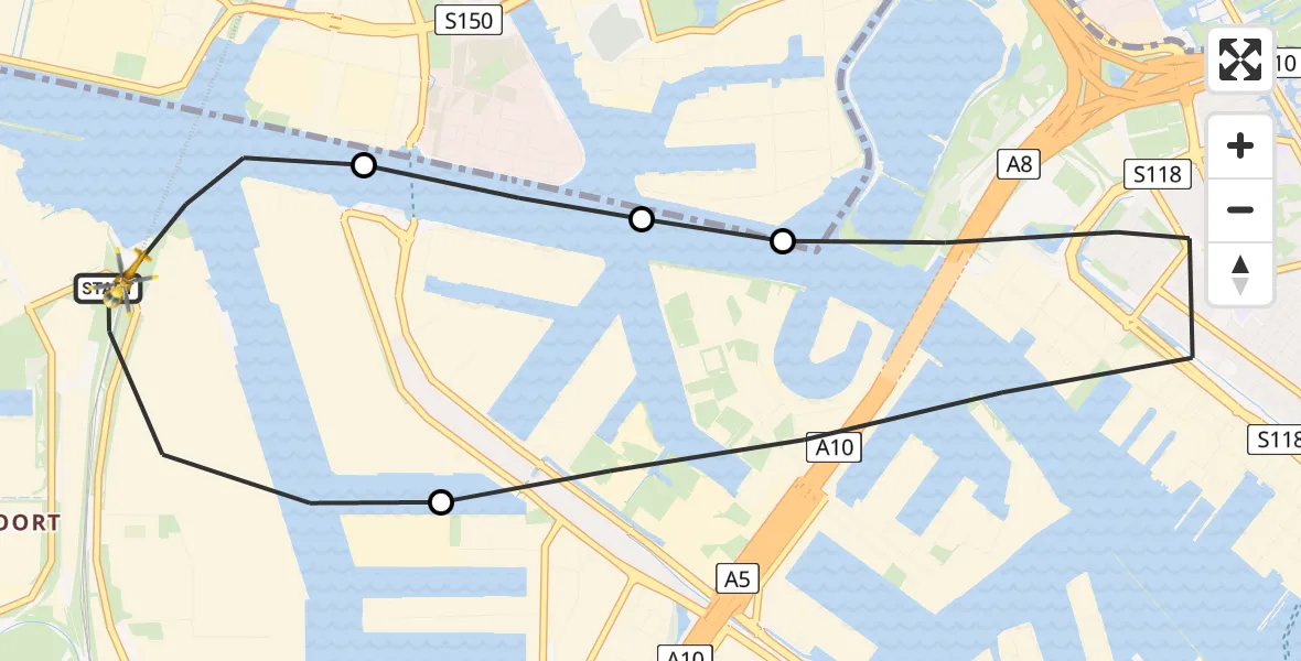 Vluchtroute Traumahelikopter van Amsterdam Heliport naar Amsterdam Heliport