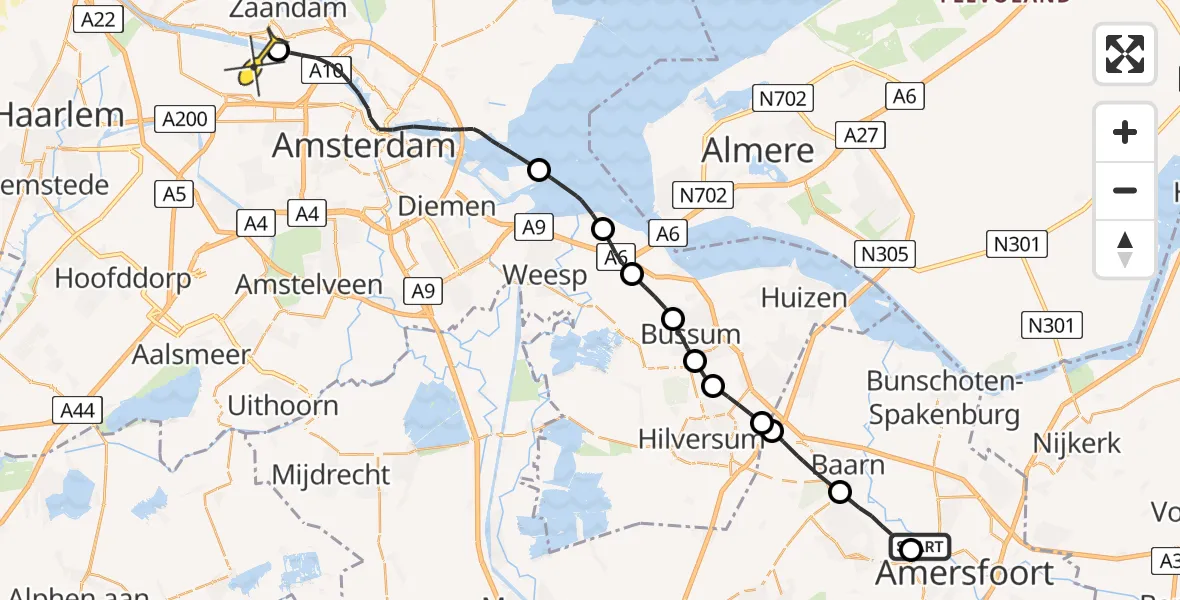 Routekaart van de vlucht: Lifeliner 1 naar Amsterdam Heliport, A.P. Hilhorstweg