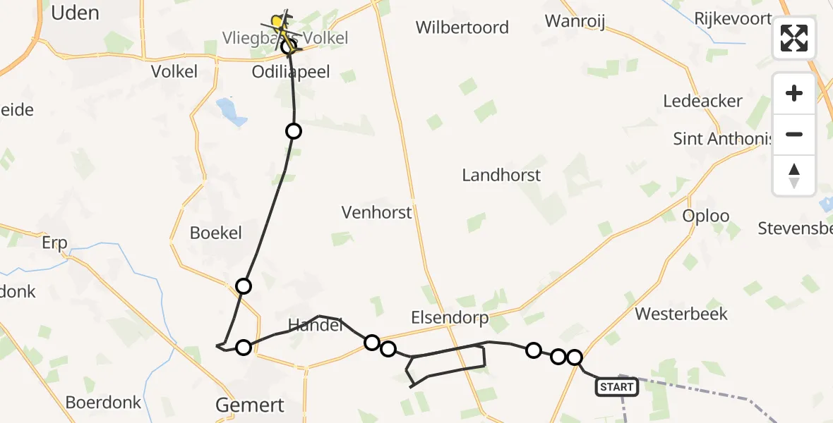 Routekaart van de vlucht: Politieheli naar Vliegbasis Volkel, Deurneseweg