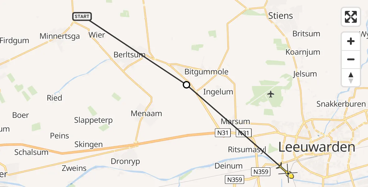 Routekaart van de vlucht: Ambulancehelikopter naar Leeuwarden, Bitgumerdyk