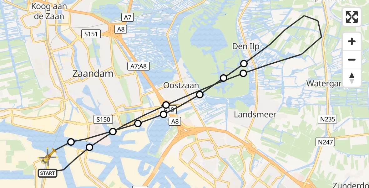 Vluchtroute Traumahelikopter van Amsterdam Heliport naar Amsterdam Heliport