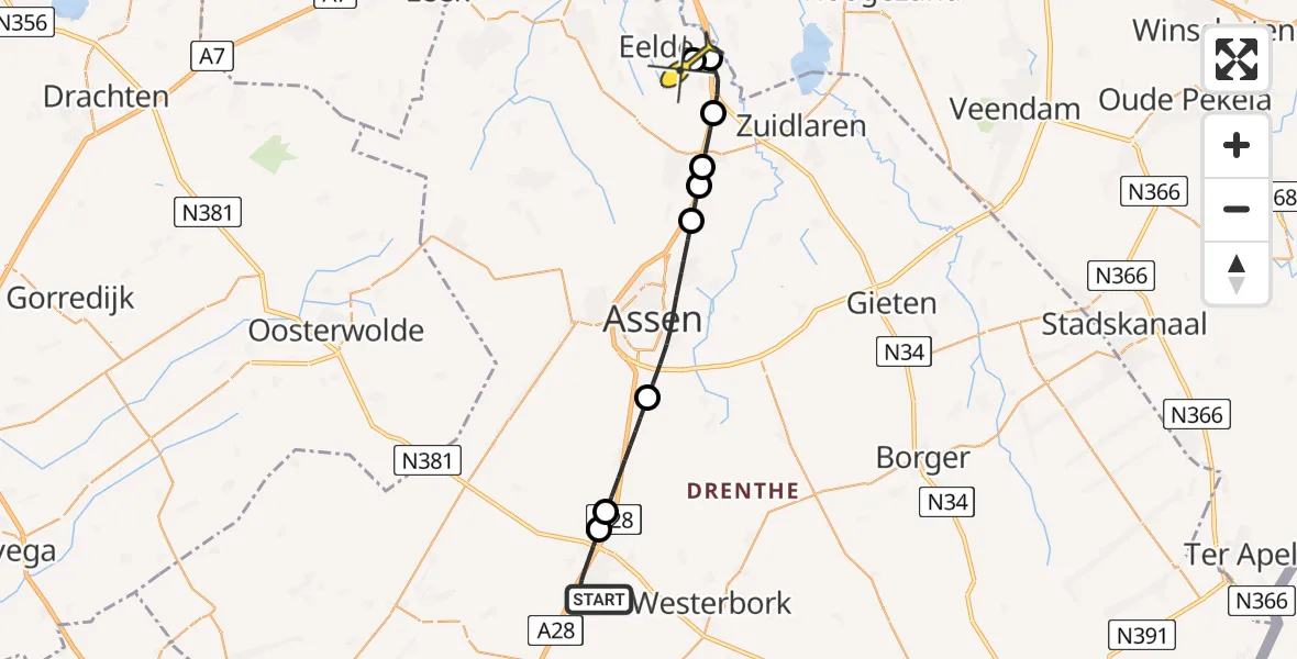 Routekaart van de vlucht: Lifeliner 4 naar Groningen Airport Eelde, Beilerstroom