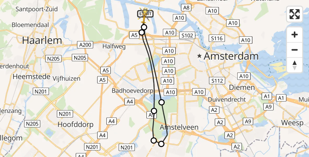 Vluchtroute Traumahelikopter van Amsterdam Heliport naar Amsterdam Heliport