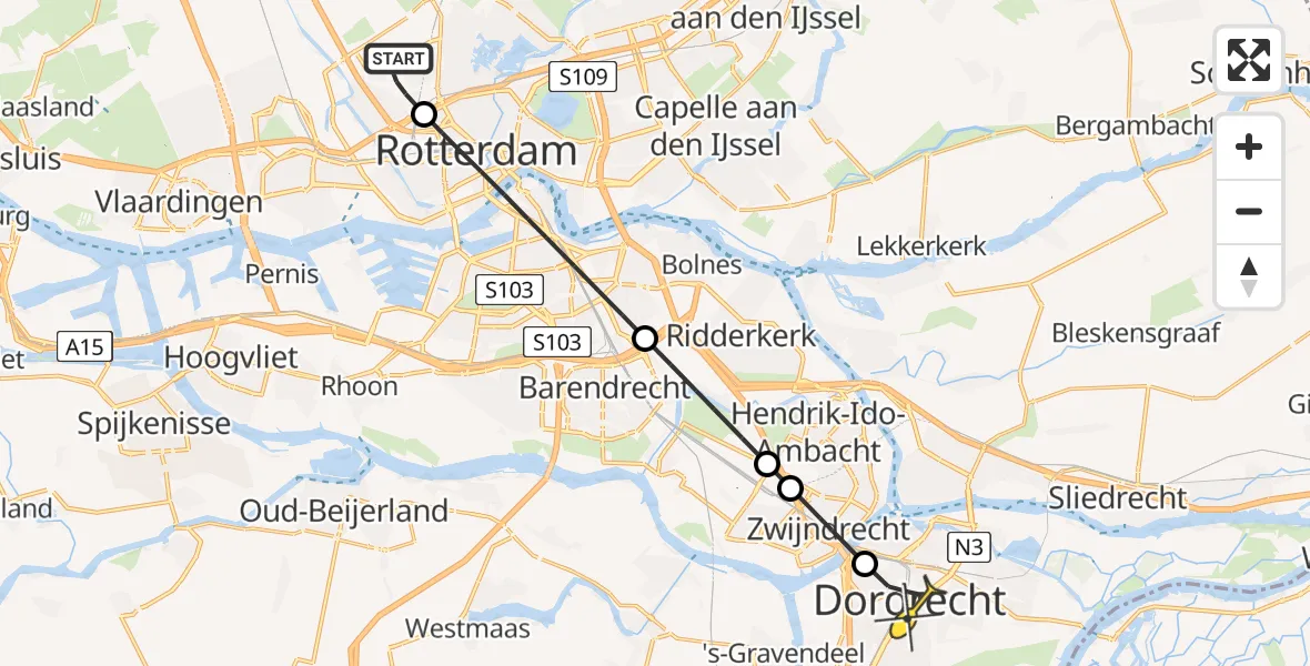 Routekaart van de vlucht: Lifeliner 2 naar Dordrecht, Pilotenpad