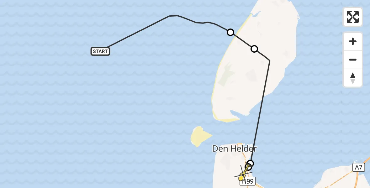 Routekaart van de vlucht: Kustwachthelikopter naar Vliegveld De Kooy, Doggersvaart