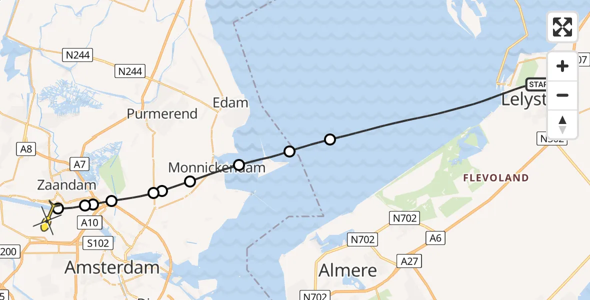 Routekaart van de vlucht: Lifeliner 1 naar Amsterdam Heliport, Kofschip