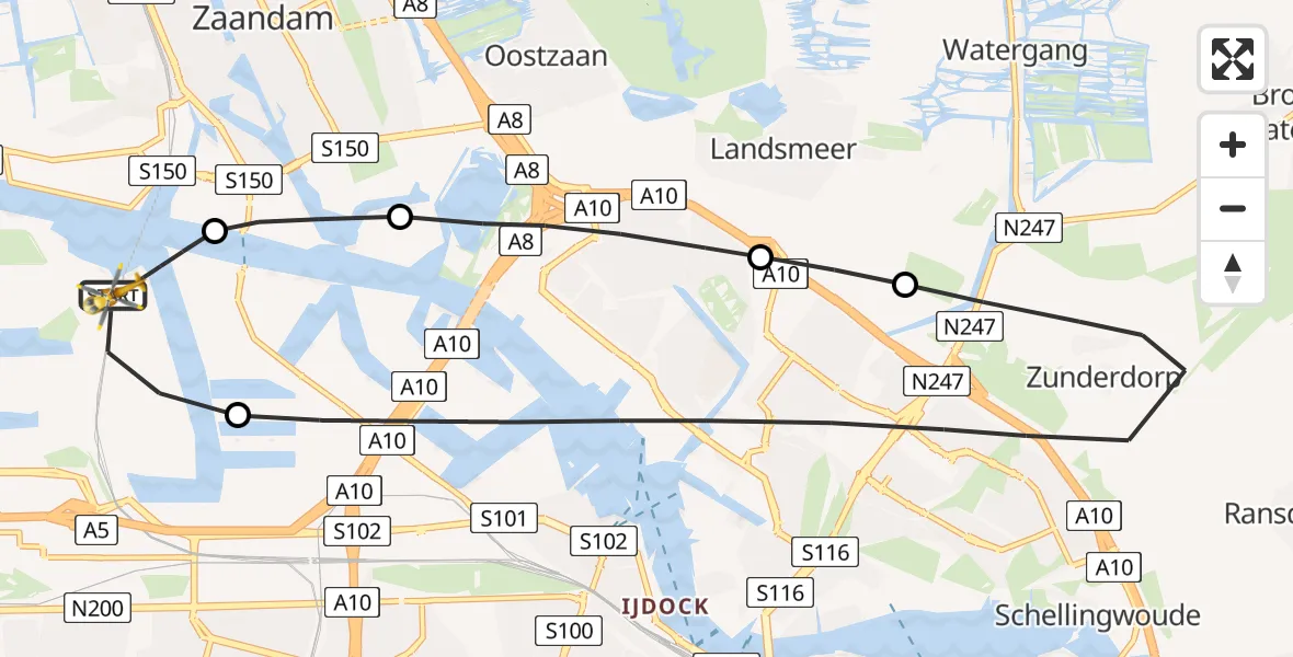 Vluchtroute Traumahelikopter van Amsterdam Heliport naar Amsterdam Heliport