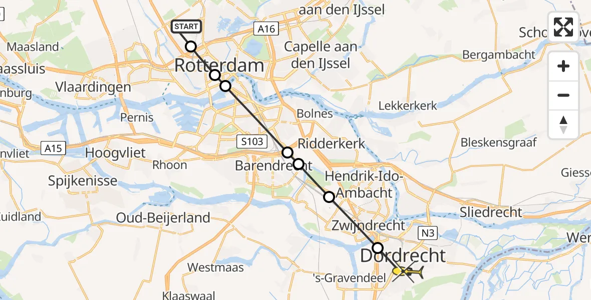 Routekaart van de vlucht: Lifeliner 2 naar Dordrecht, Polderbrug