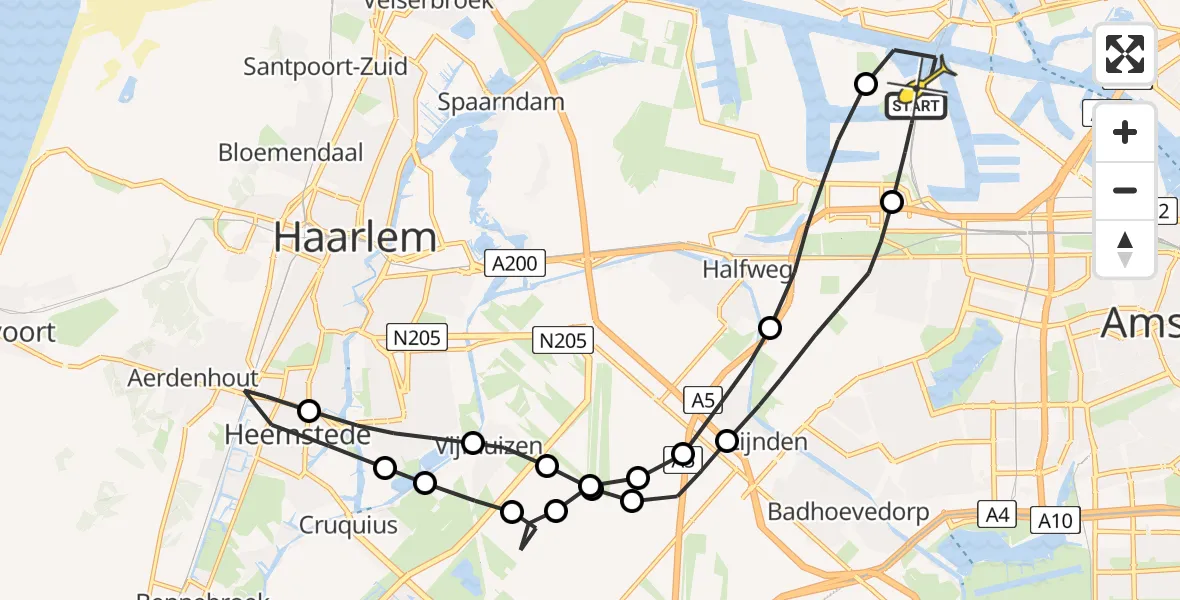 Routekaart van de vlucht: Lifeliner 1 naar Amsterdam Heliport, Nieuw-Zeelandweg