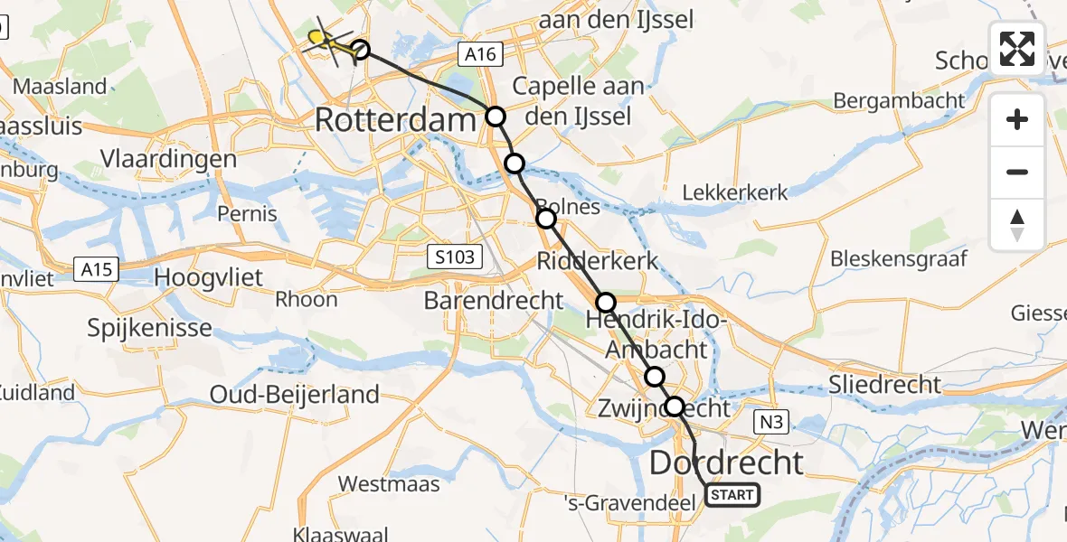 Routekaart van de vlucht: Lifeliner 2 naar Rotterdam The Hague Airport, A J Verbrughpad