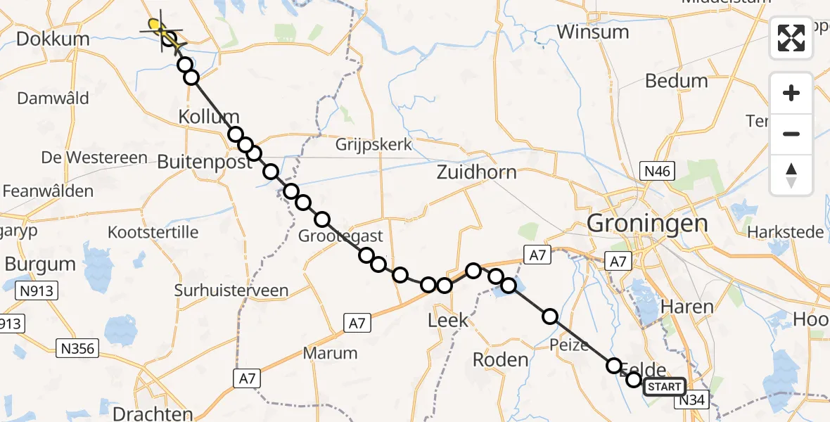 Routekaart van de vlucht: Lifeliner 4 naar Ee, Oosterloop