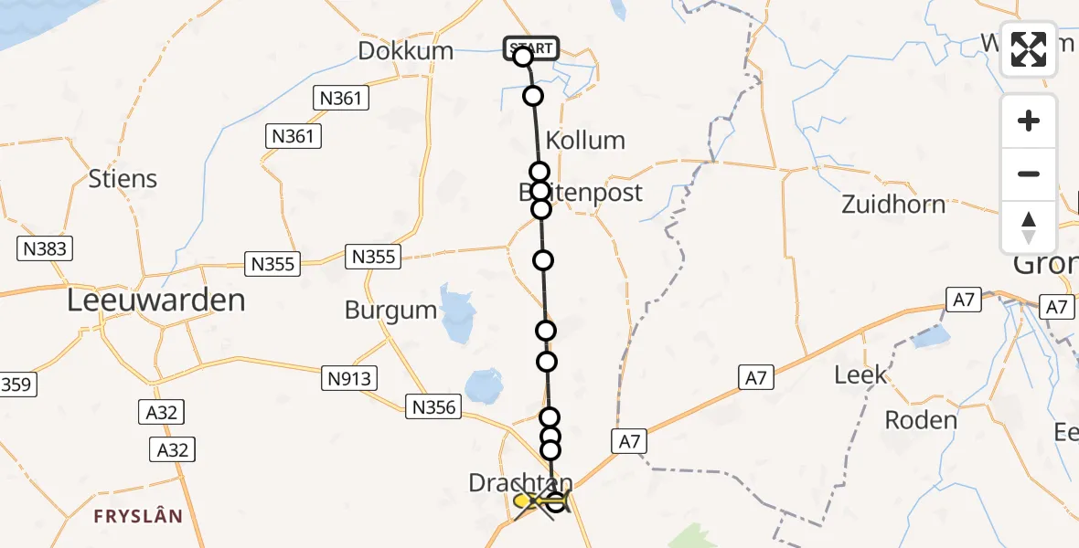 Routekaart van de vlucht: Lifeliner 4 naar Drachten, Wâlddyk