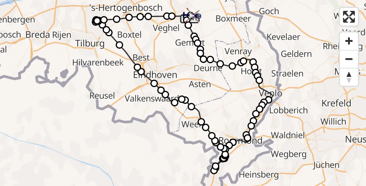 Vluchtroute Politiehelikopter van Vliegbasis Volkel naar Vliegbasis Volkel