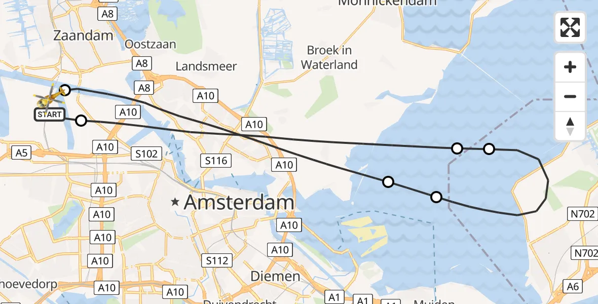 Vluchtroute Traumahelikopter van Amsterdam Heliport naar Amsterdam Heliport