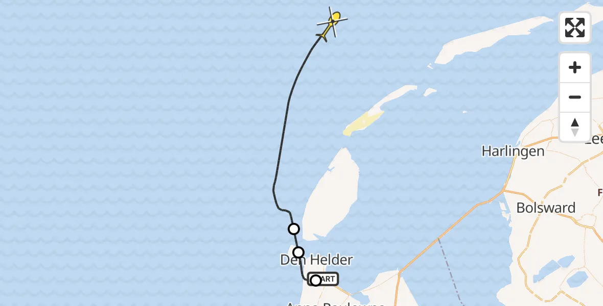 Routekaart van de vlucht: Kustwachthelikopter naar Middenvliet