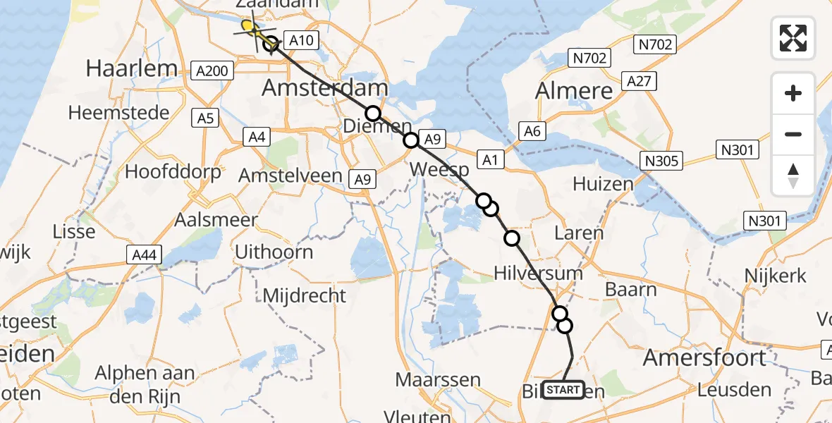 Routekaart van de vlucht: Lifeliner 1 naar Amsterdam Heliport, Gezichtslaan