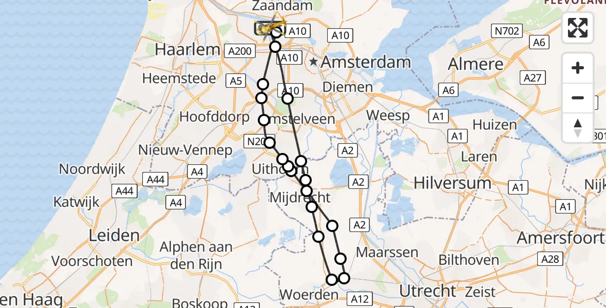 Vluchtroute Traumahelikopter van Amsterdam Heliport naar Amsterdam Heliport