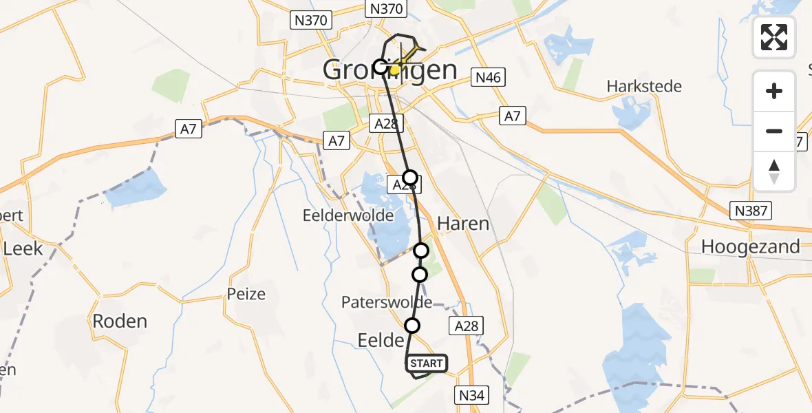 Routekaart van de vlucht: Kustwachthelikopter naar Universitair Medisch Centrum Groningen, Eskampenweg