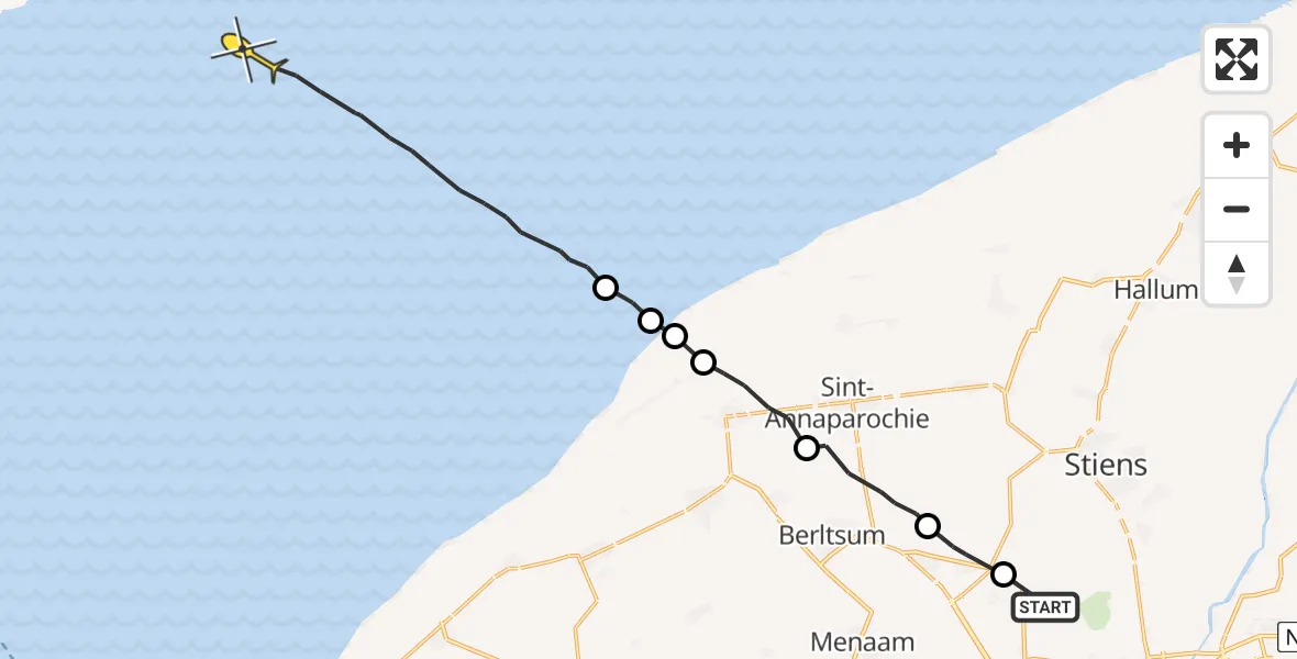 Routekaart van de vlucht: Ambulanceheli naar Oosterend, Dyksterhuzen