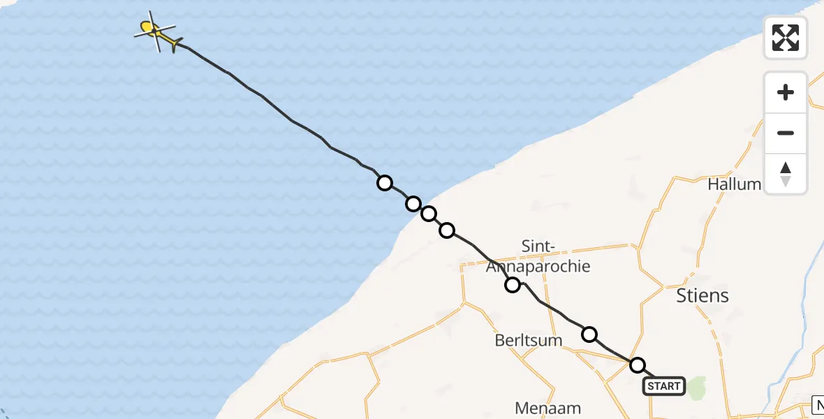 Routekaart van de vlucht: Ambulancehelikopter naar Oosterend, Dyksterhuzen