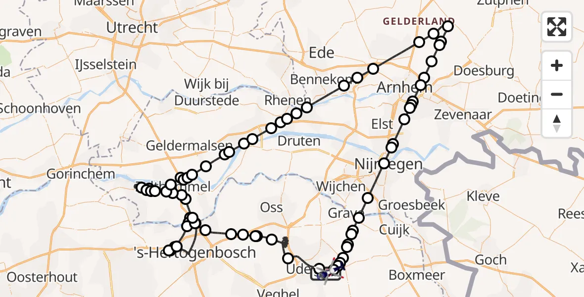 Vluchtroute Politiehelikopter van Vliegbasis Volkel naar Vliegbasis Volkel