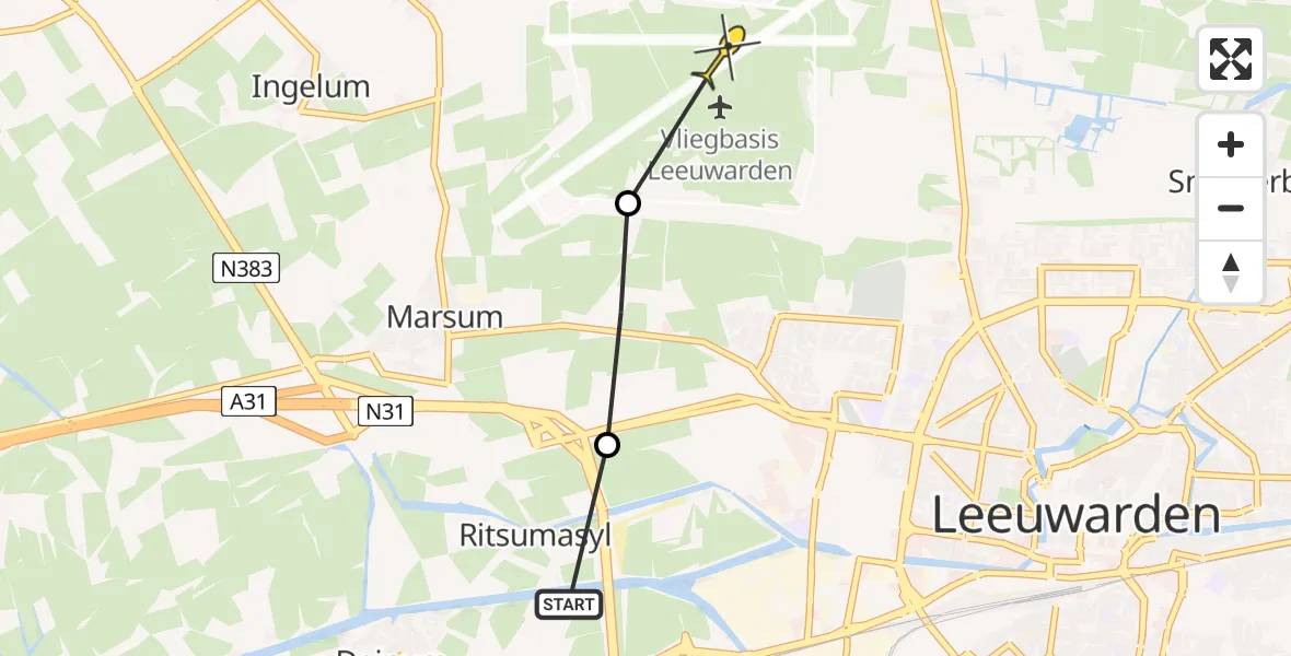 Routekaart van de vlucht: Ambulancehelikopter naar Vliegbasis Leeuwarden, Harlingerstraatweg
