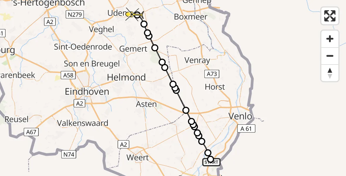 Routekaart van de vlucht: Lifeliner 3 naar Vliegbasis Volkel, Burgemeester Janssenstraat