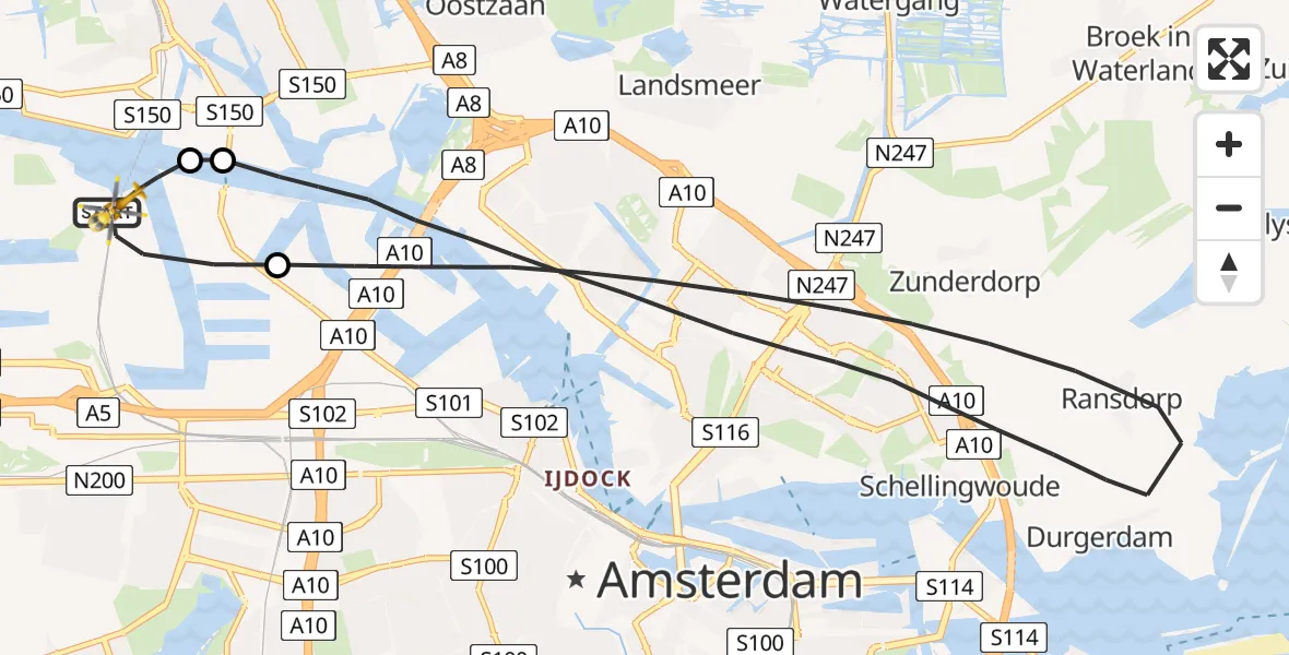 Routekaart van de vlucht: Lifeliner 1 naar Amsterdam Heliport, Westhavenweg