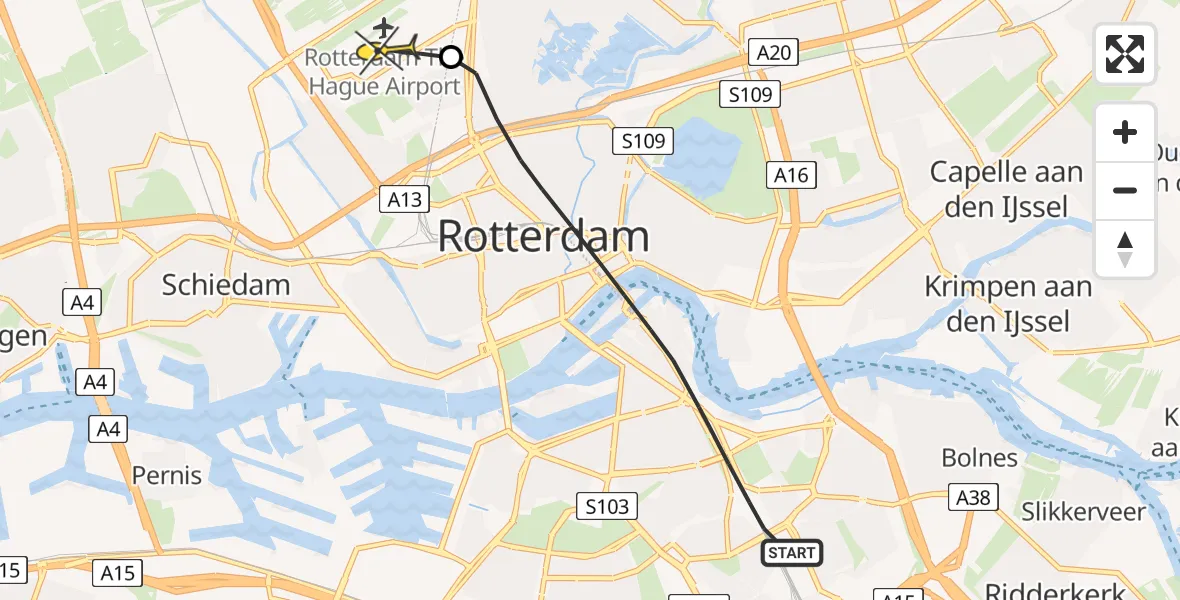 Routekaart van de vlucht: Lifeliner 2 naar Rotterdam The Hague Airport, Buitendijktunnel