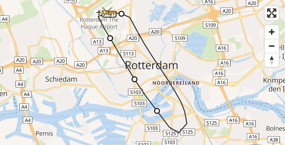Vluchtroute Traumahelikopter Rotterdam The Hague Airport - Rotterdam The Hague Airport, 24 maart 2024, 10:15