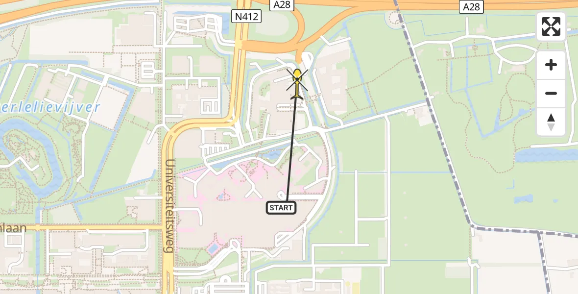 Vluchtroute Traumahelikopter van Universitair Medisch Centrum Utrecht naar Universitair Medisch Centrum Utrecht