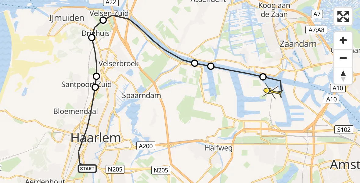 Routekaart van de vlucht: Lifeliner 1 naar Amsterdam Heliport, Oranjeboomstraat