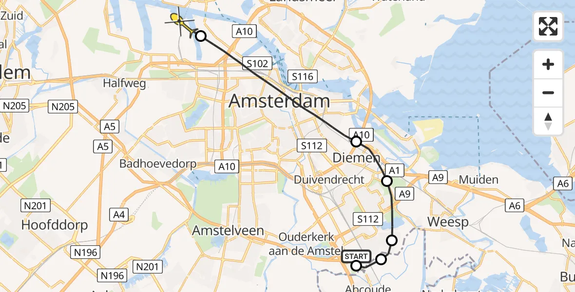 Routekaart van de vlucht: Lifeliner 1 naar Amsterdam Heliport, Hollandse Kade