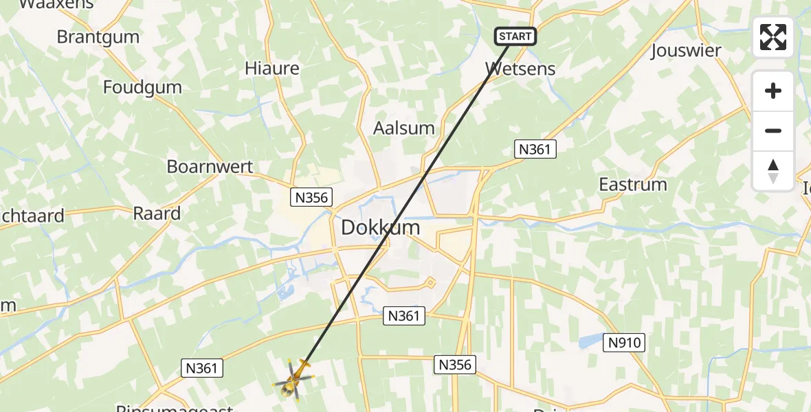 Vluchtroute Ambulancehelikopter Wetsens - Damwâld, 24 maart 2024, 15:50