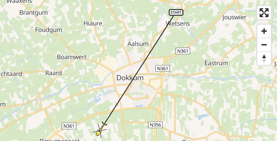 Routekaart van de vlucht: Ambulancehelikopter naar Damwâld, Koarndyk