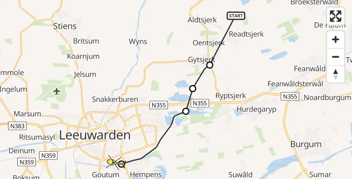Routekaart van de vlucht: Ambulanceheli naar Leeuwarden, Trynwâldsterdyk