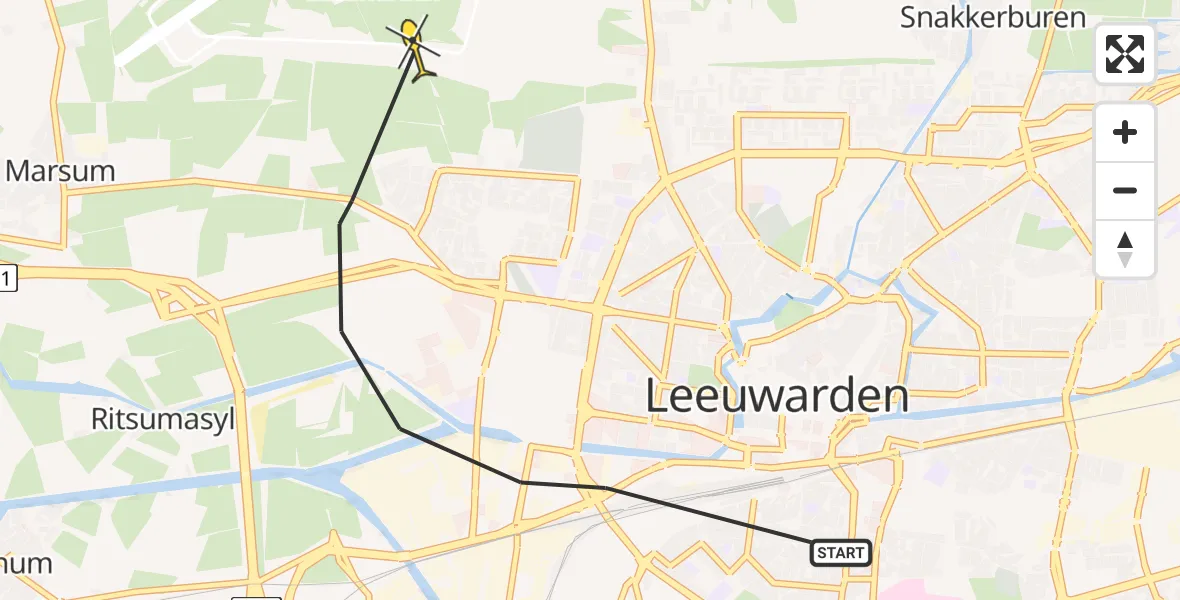 Vluchtroute Ambulancehelikopter van Leeuwarden naar Vliegbasis Leeuwarden