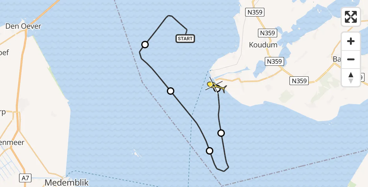 Routekaart van de vlucht: Kustwachthelikopter naar Stavoren, Vaarwater langs Friese Kust