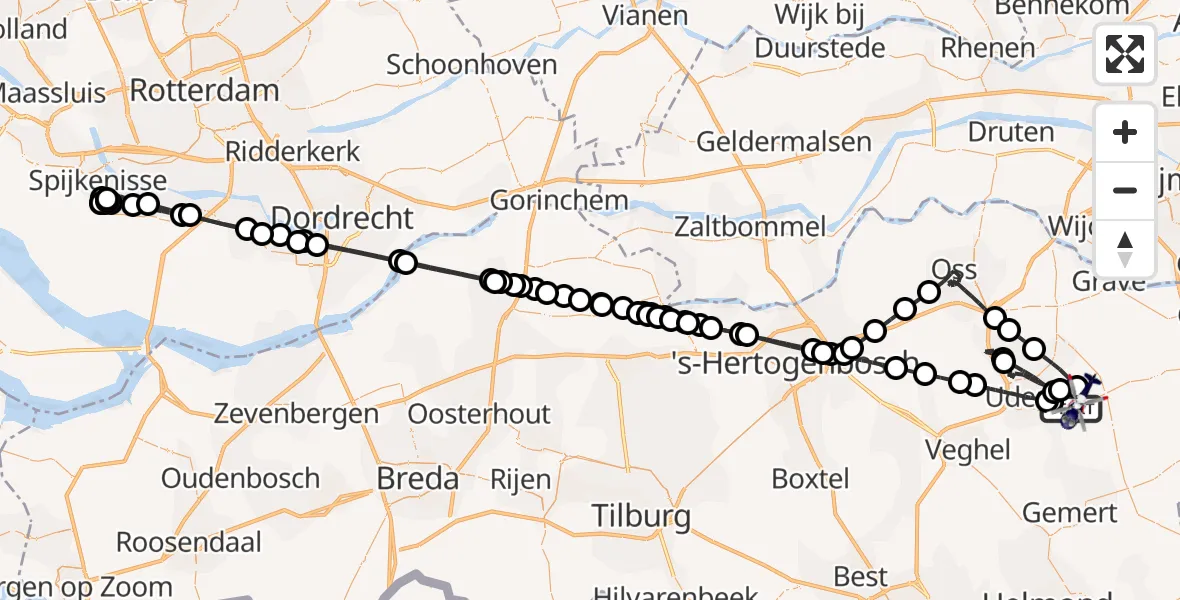 Vluchtroute Politiehelikopter van Vliegbasis Volkel naar Vliegbasis Volkel