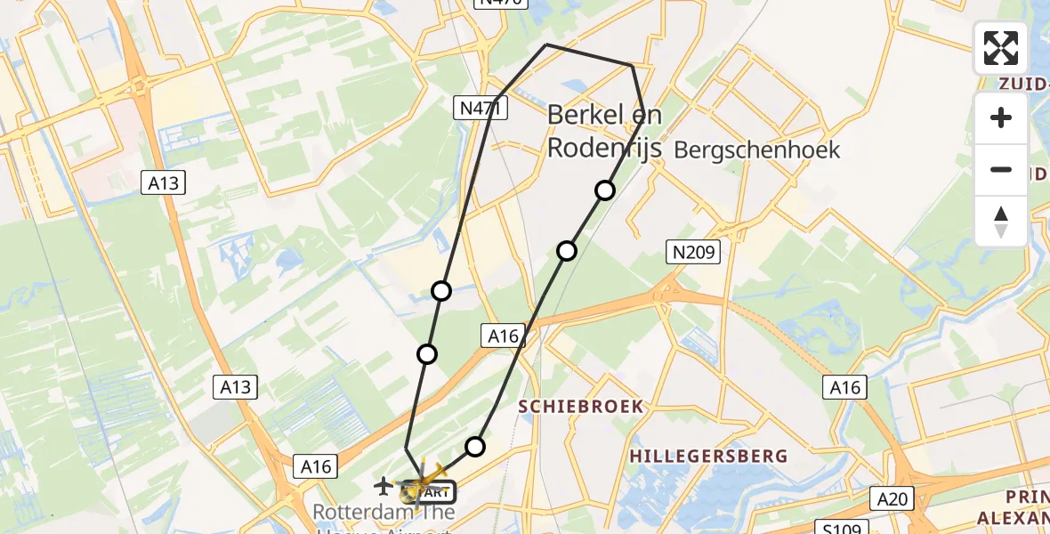 Vluchtroute Traumahelikopter Rotterdam The Hague Airport - Rotterdam The Hague Airport, 25 maart 2024, 01:43