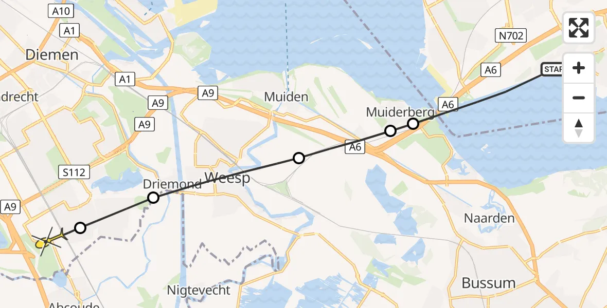 Routekaart van de vlucht: Lifeliner 1 naar Academisch Medisch Centrum (AMC), Gooimeerdijk-West