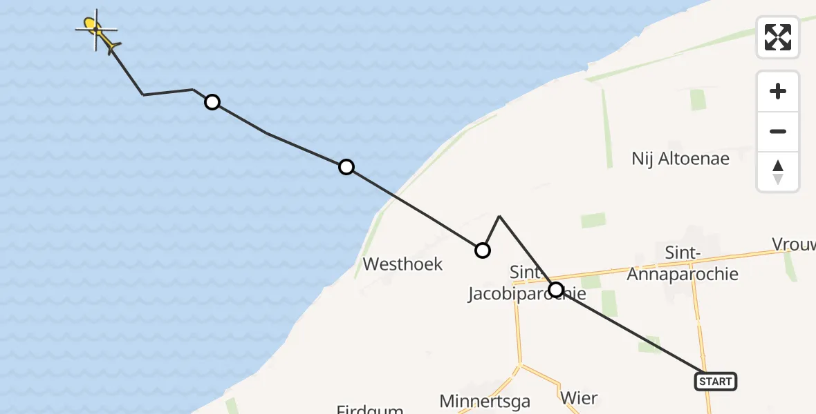 Routekaart van de vlucht: Ambulanceheli naar Oosterend, Middelweg-West