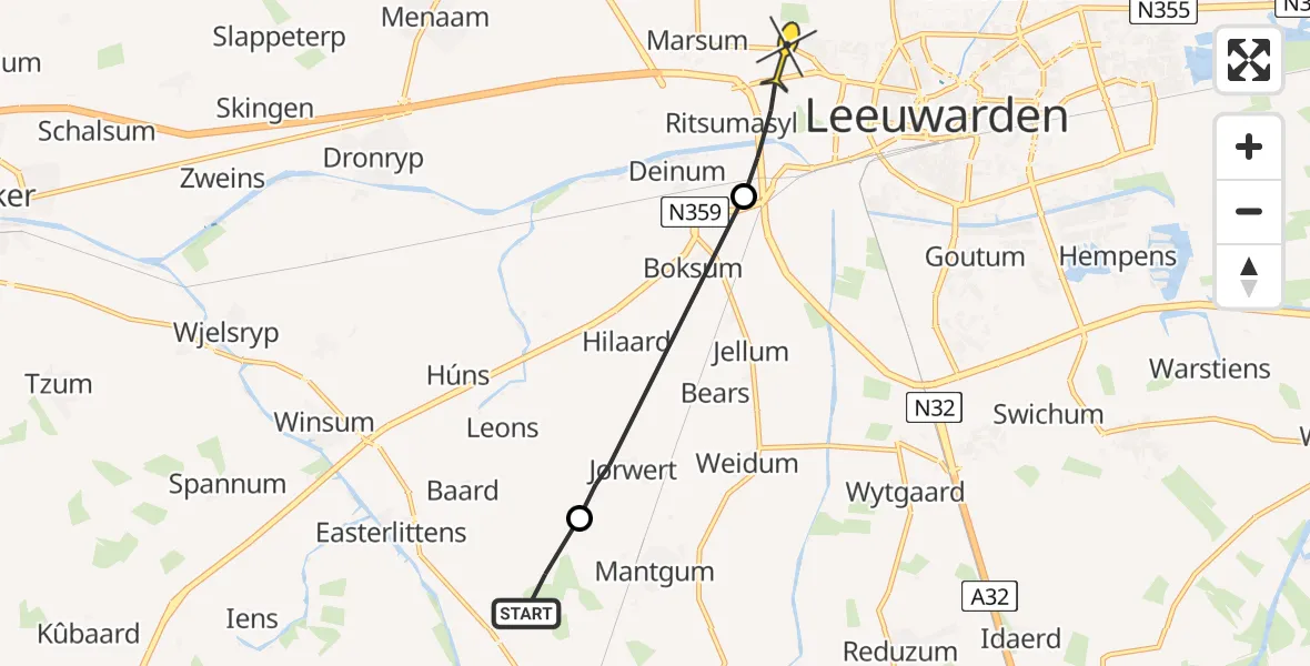 Routekaart van de vlucht: Ambulancehelikopter naar Leeuwarden, De Him