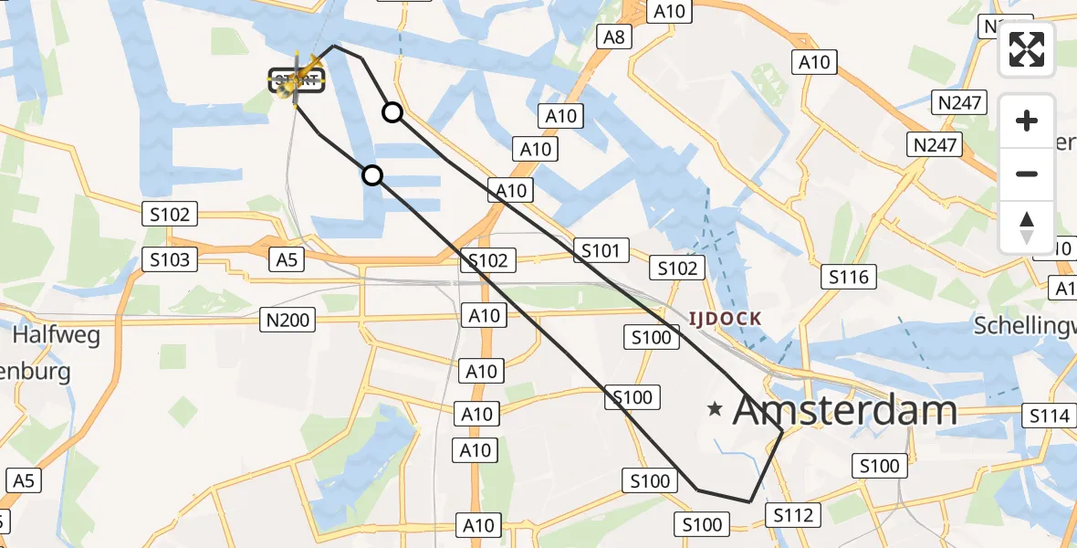 Vluchtroute Traumahelikopter van Amsterdam Heliport naar Amsterdam Heliport