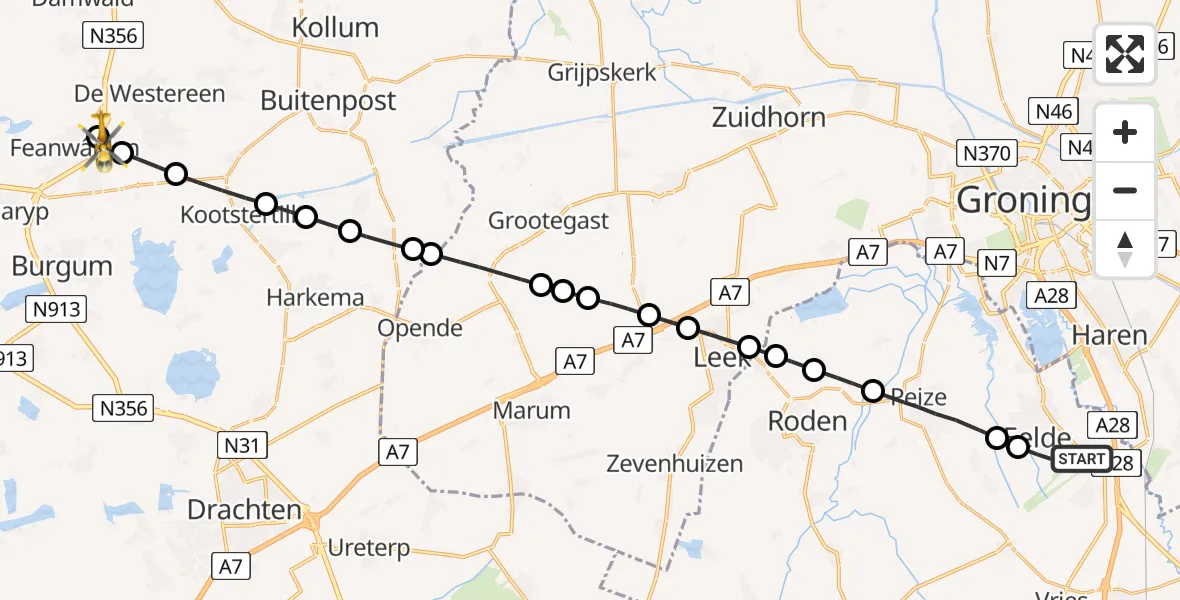 Vluchtroute Traumahelikopter Groningen Airport Eelde - Feanwâlden, 25 maart 2024, 10:10