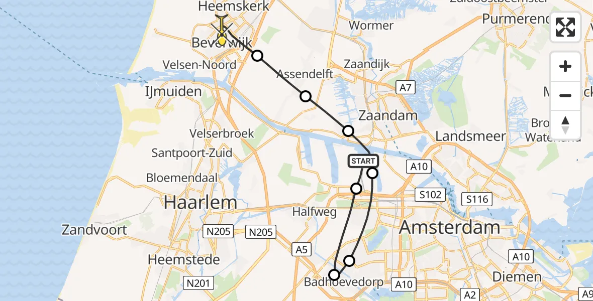 Routekaart van de vlucht: Lifeliner 1 naar Beverwijk, Nieuw-Zeelandweg