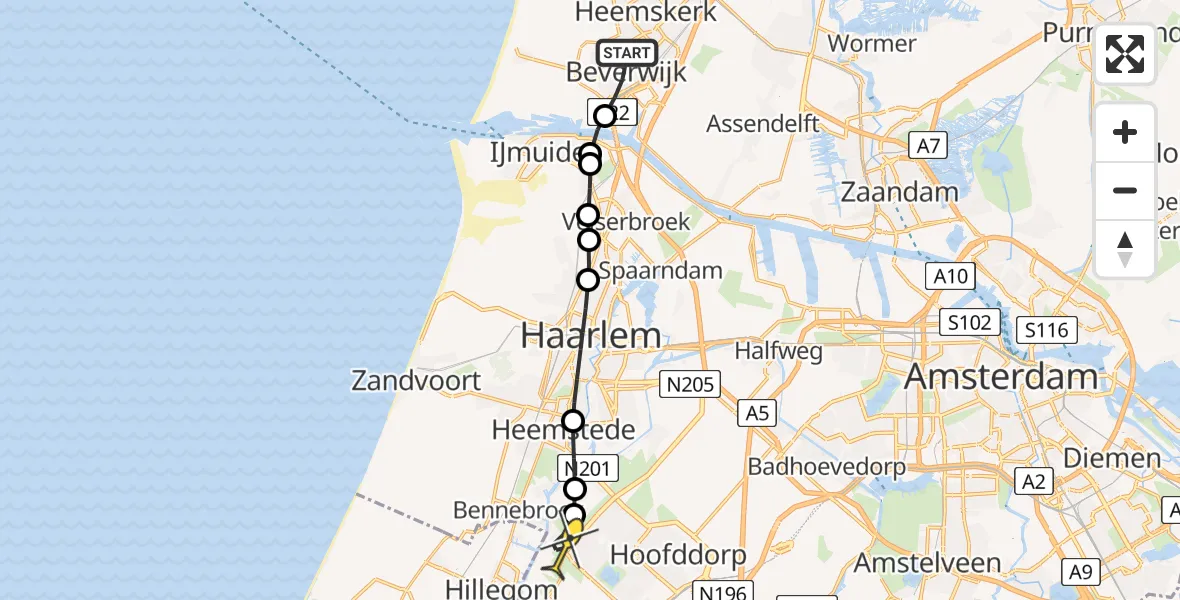Routekaart van de vlucht: Lifeliner 1 naar Zwaanshoek, Koningstraat